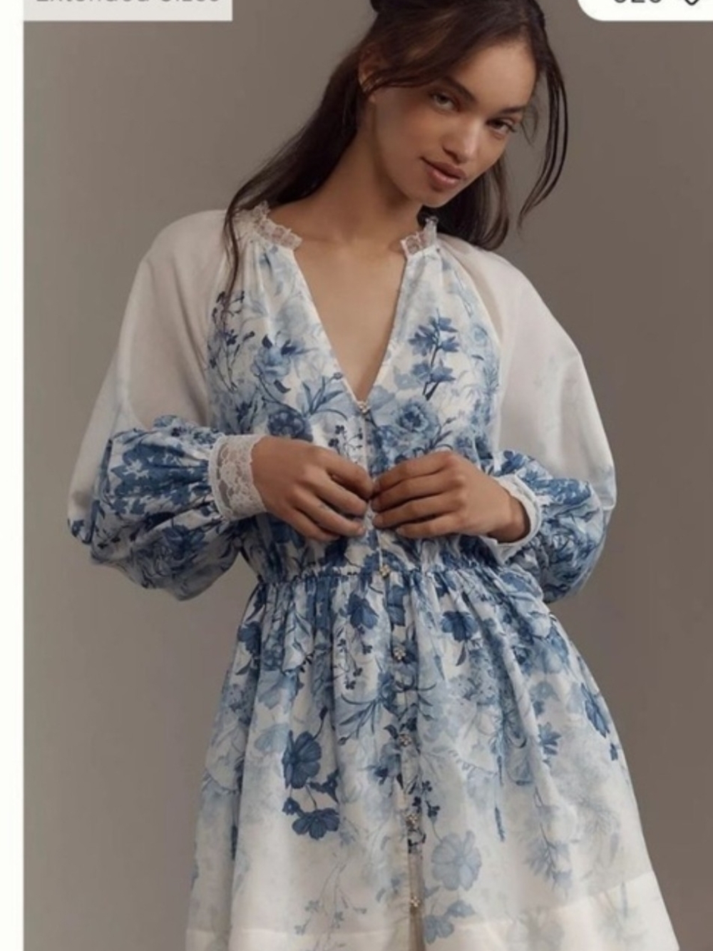Anthropoloie Blue Floral Mini Dress with  Puff Long Sleeves